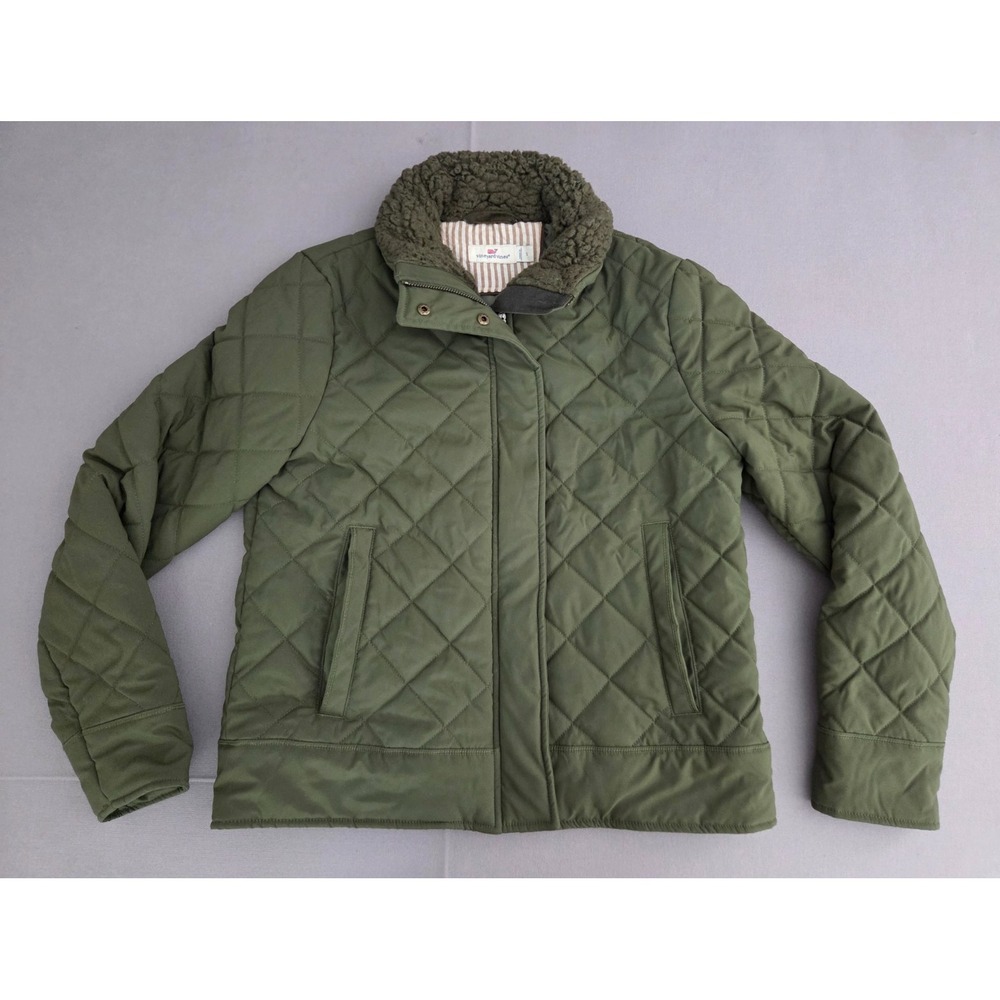 Vineyard Vines Jacket Womens Small Green Puffer Diamond Quilted Sherpa Zip